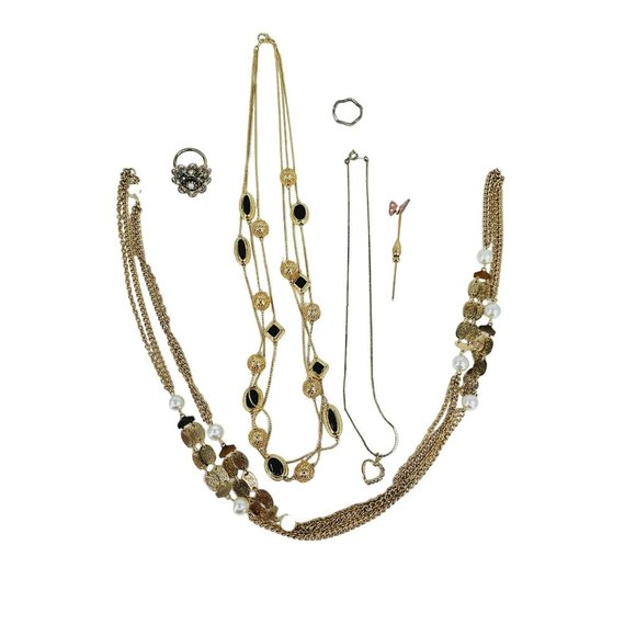 Assorted Bundle of Costume Jewelry Necklaces Rings Stick Pen Gold Metal Art Deco - Picture 15 of 15